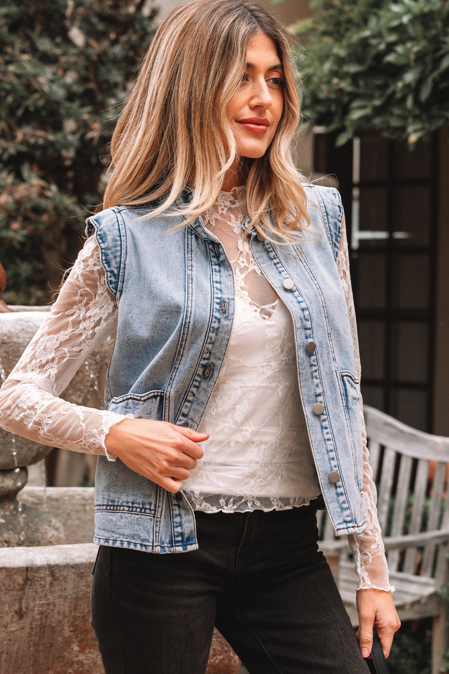 Beau Blue Scalloped Trim Patch Pocket Button Front Denim Vest