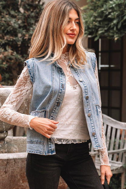 Beau Blue Scalloped Trim Patch Pocket Button Front Denim Vest