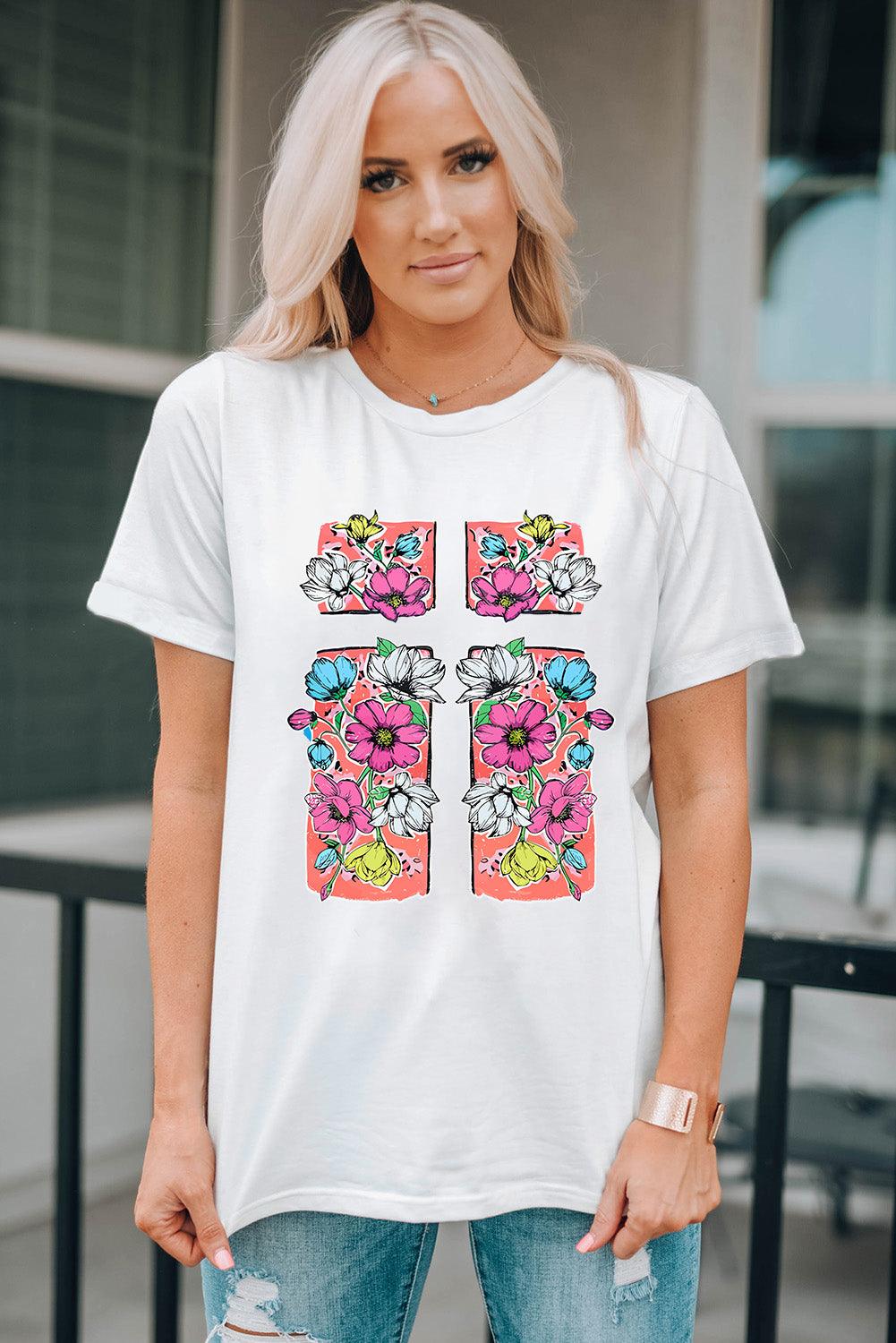 White Floral Crossed Graphic Easter Round Neck T Shirt - L & M Kee, LLC