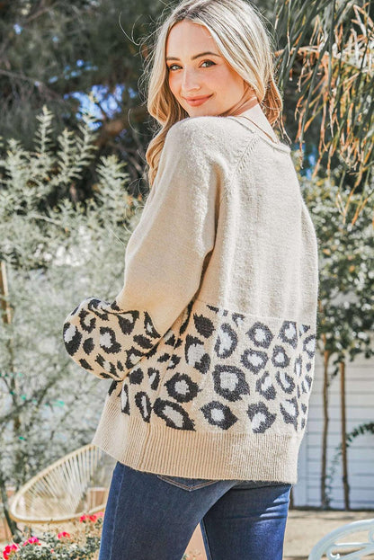 Khaki Leopard Patchwork Knitted Puff Sleeve Sweater - L & M Kee, LLC