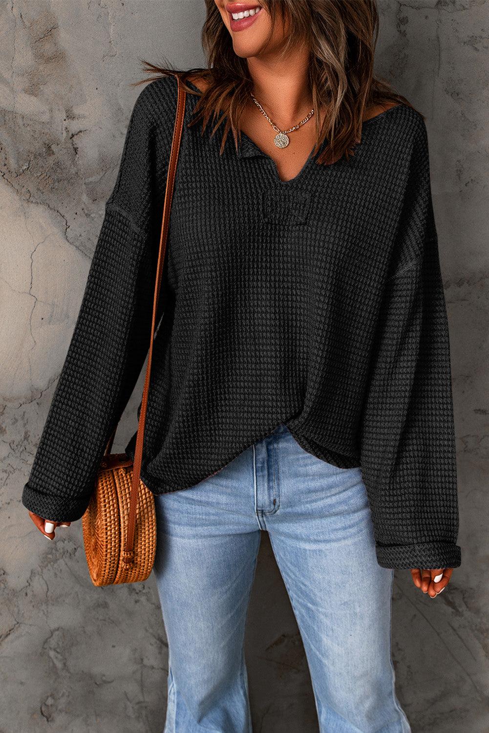 Black Waffle Knit Loose Long Sleeve Top - L & M Kee, LLC