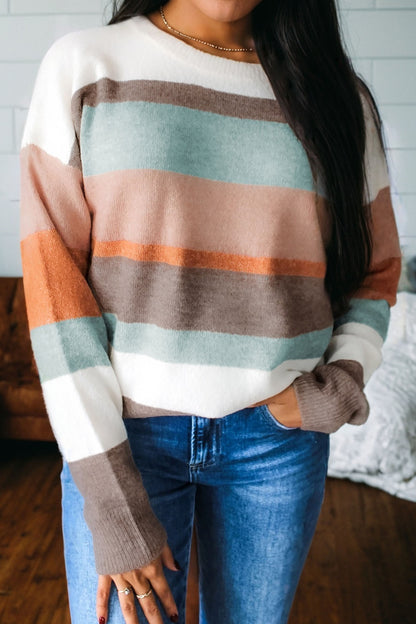White Striped Color Block Knit Drop Shoulder Sweater