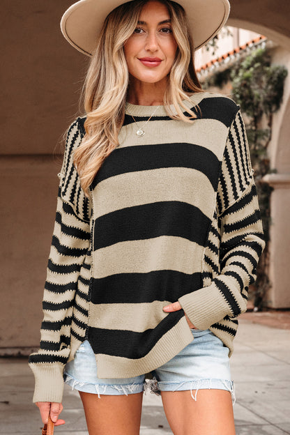 Brown Stripe Drop Shoulder Sleeve Patchwork Baggy Sweater