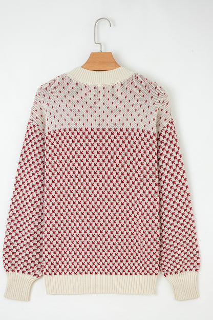 Red Contrast Color Pattern Lantern Sleeve Sweater