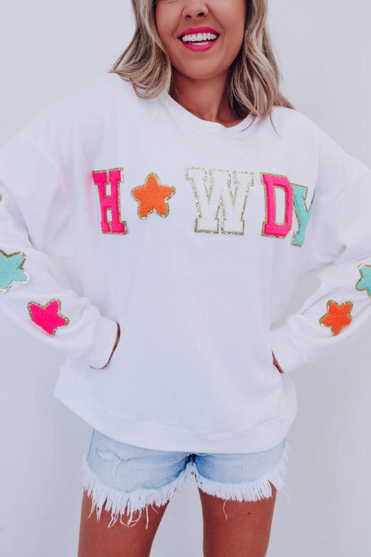White Glitter Howdy Patch Graphic Casual Sweatshirt - L & M Kee, LLC