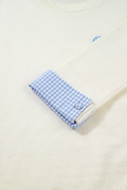 White Plaid Heart Embroidered Cuffed Drop Shoulder Crew Neck Sweater