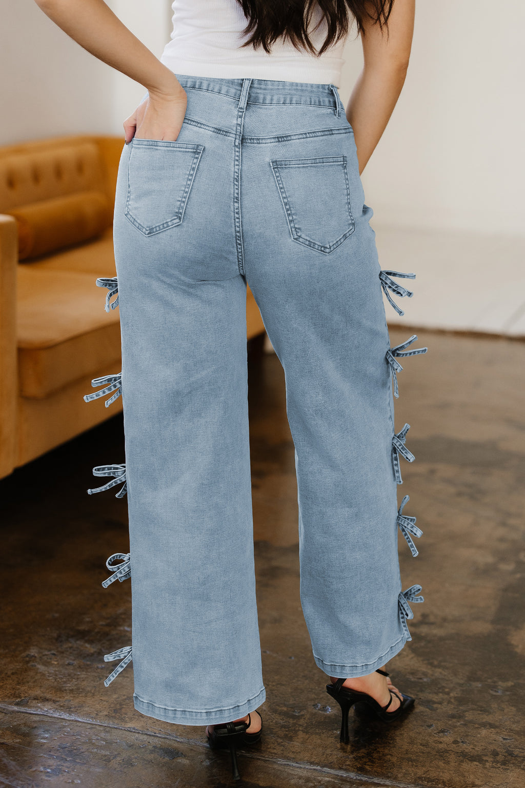 Beau Blue Bow Knot Side Detail Straight Leg Loose Jeans