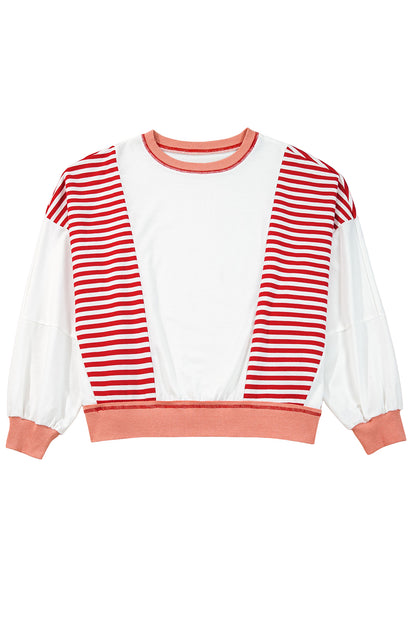Red Stripe Colorblock Patchwork Contrast Stitching Oversize Sweatshirt