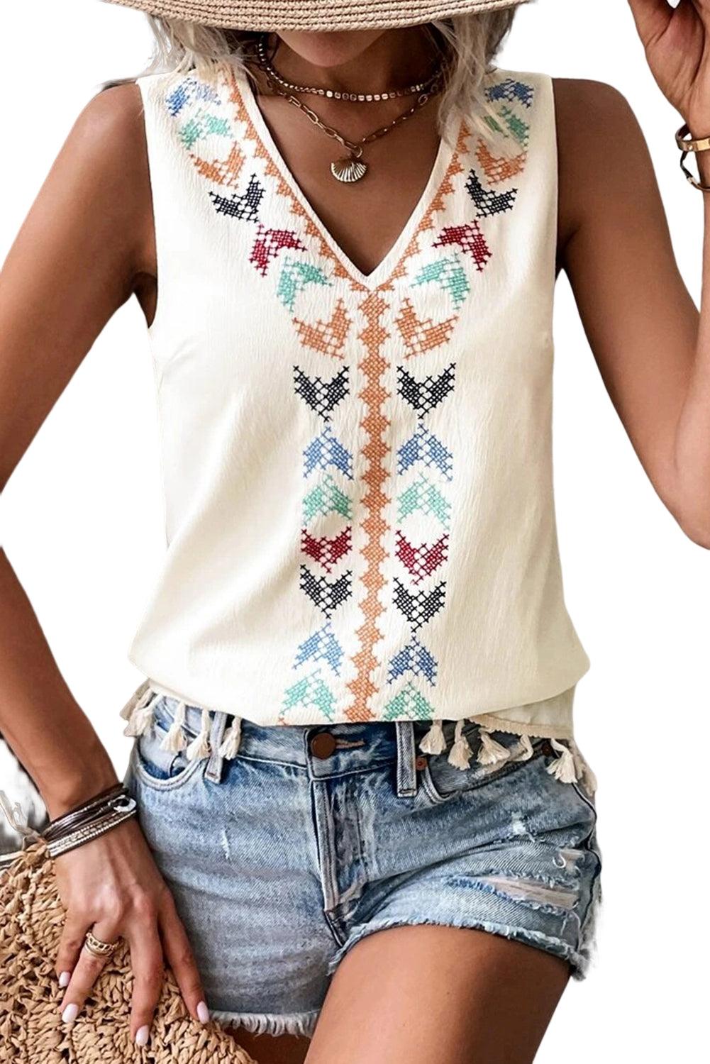 Apricot Geometric Tassel Accent V-Neck Tank Top - L & M Kee, LLC