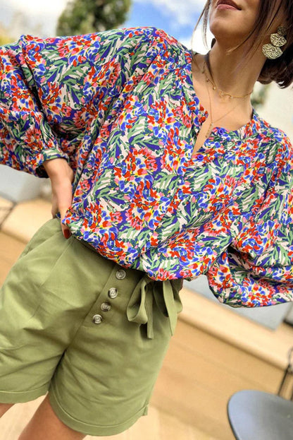 Multicolor Floral Balloon Sleeve Loose Blouse - L & M Kee, LLC