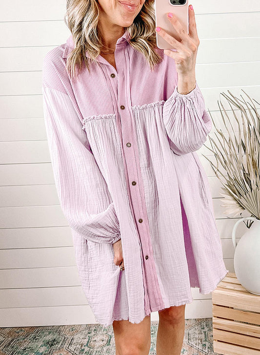 Pink Patchwork Crinkle Puff Sleeve Shirt Dress - L & M Kee, LLC