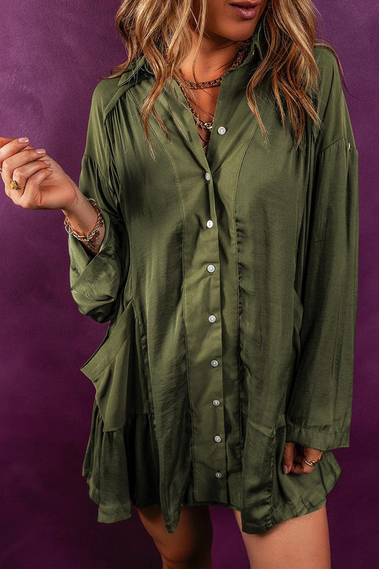 Pickle Green Loose Pocketed Ruffled Hem Draped Shirt Dress - L & M Kee, LLC