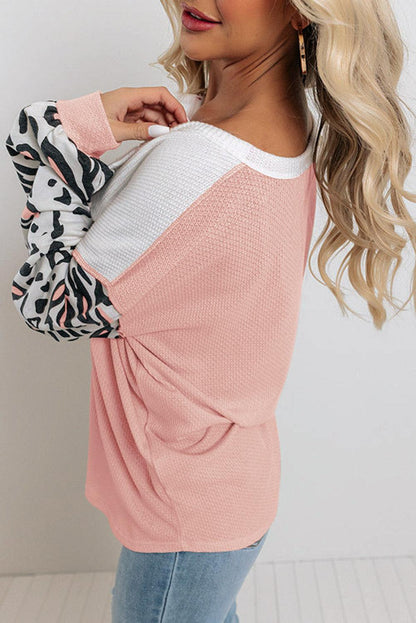 Pink Leopard Sleeve Patchwork Waffle Knit Top - L & M Kee, LLC