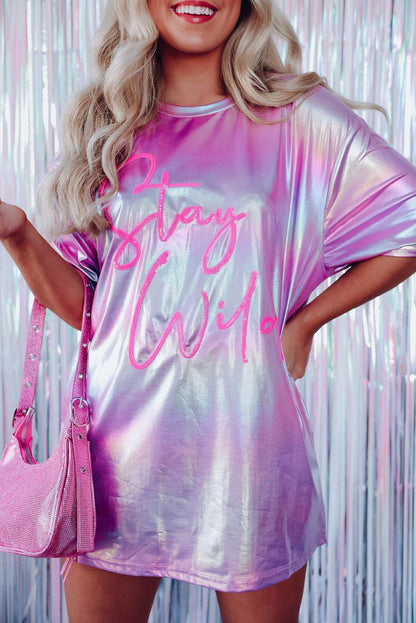 Purple Shiny Iridescent Stay Wild Graphic Oversized Tee - L & M Kee, LLC