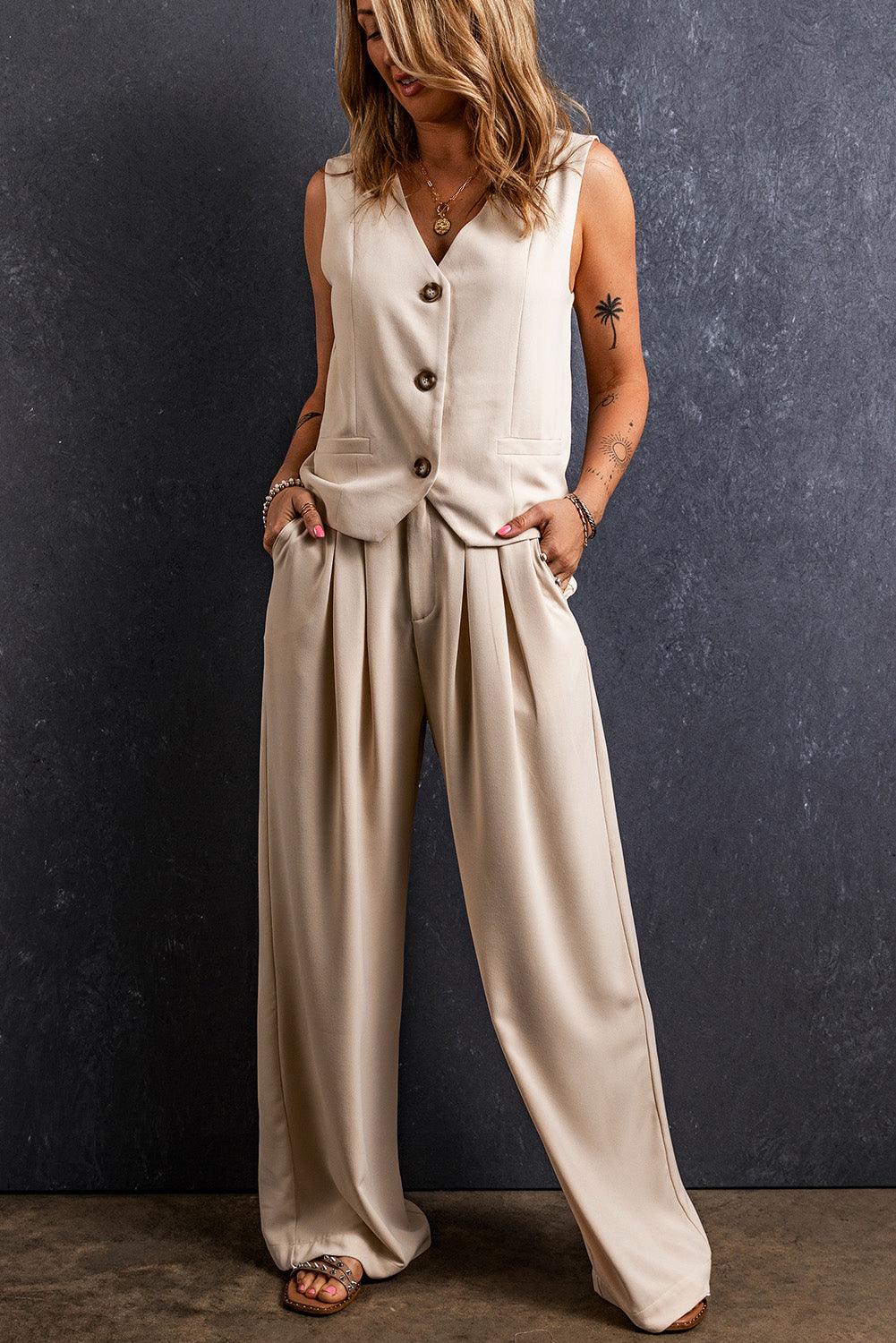 Apricot Elastic Waist Pleated Wide Leg Pants - L & M Kee, LLC