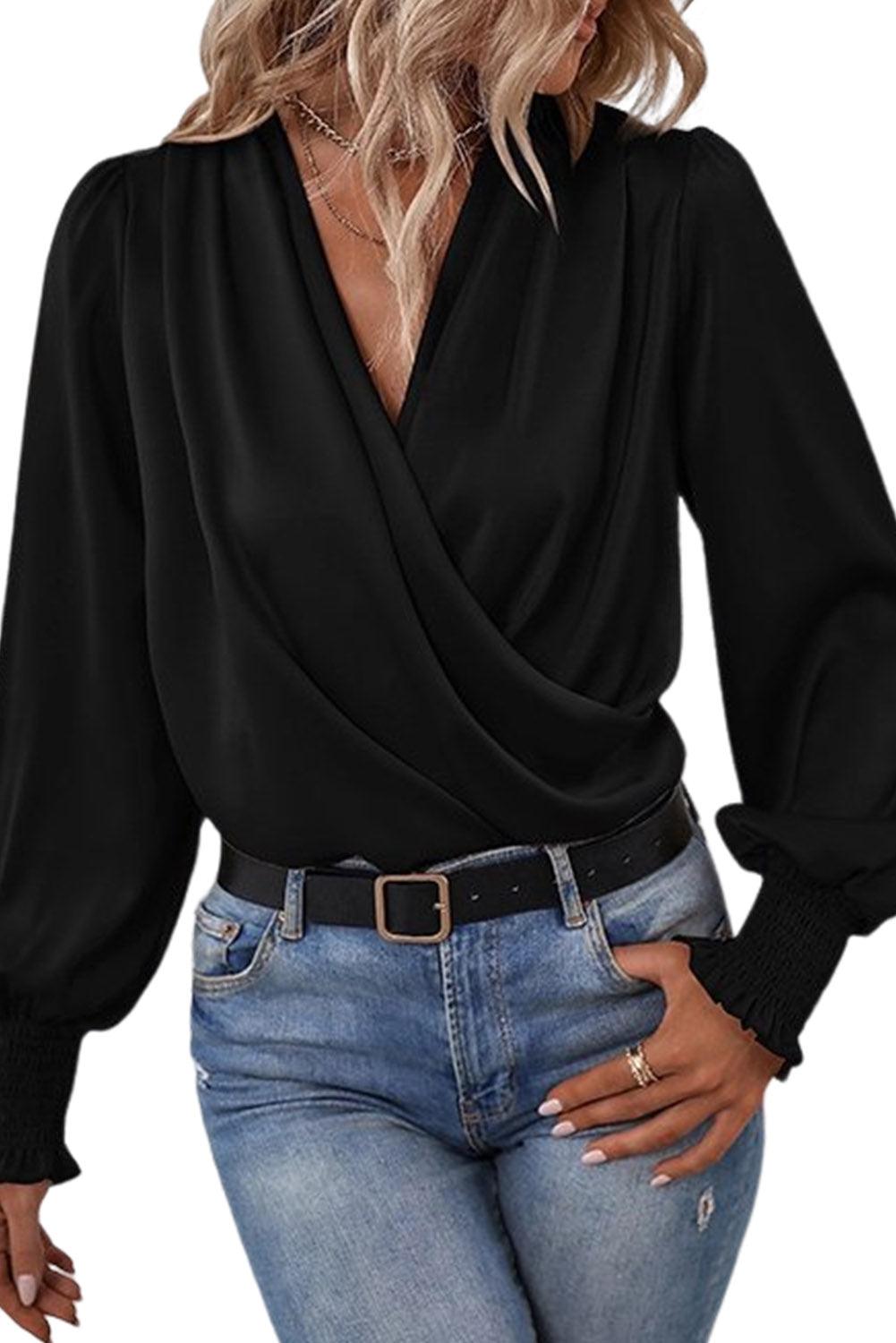 Black Solid Surplice Neck Shirred Cuffs Draped Blouse - L & M Kee, LLC