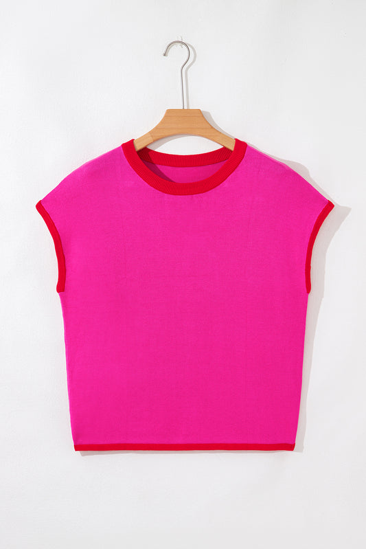 Rose Red Contrast Trim Round Neck Short Sleeve Loose Knit Sweater