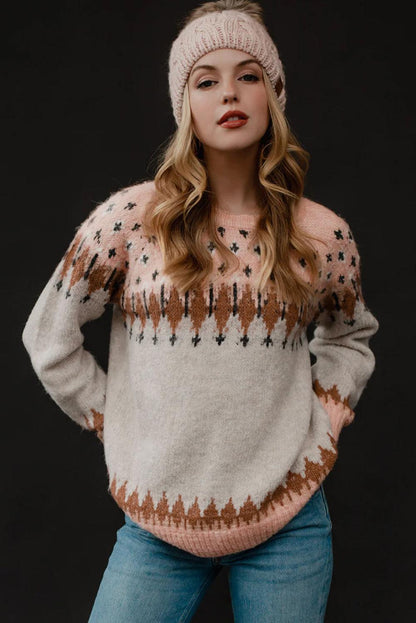 Multicolor Mixed Geometric Detail Raglan Sleeve Sweater - L & M Kee, LLC