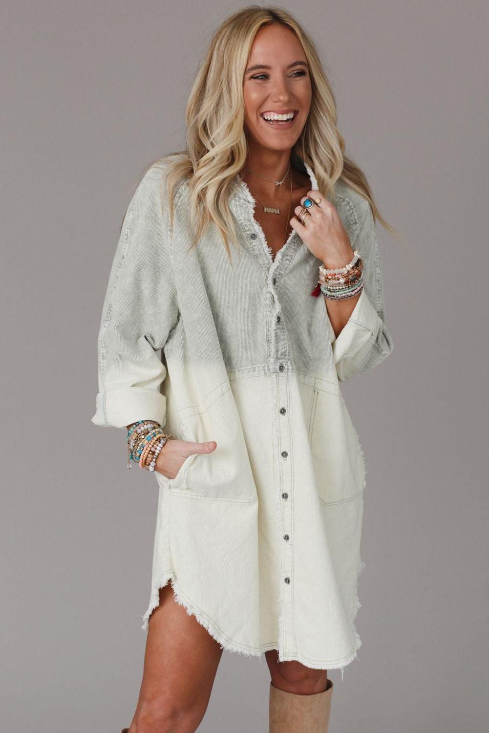 Gray Gradient Long Sleeve Button Up Raw Hem Denim Dress - L & M Kee, LLC