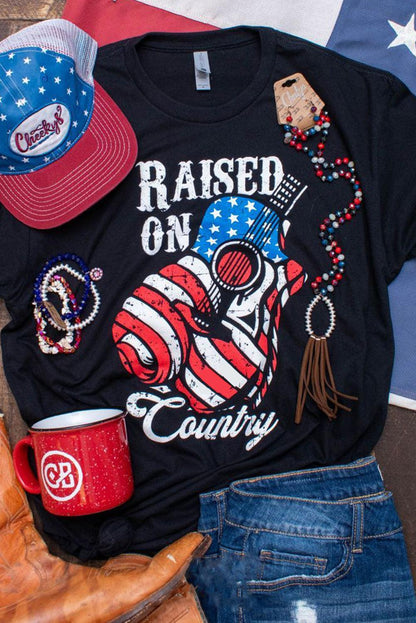 Black Raised On Country USA Flag Guitar Graphic Tee - L & M Kee, LLC