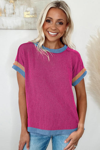 Bright Pink Textured Contrast Trim Round Neck T Shirt - L & M Kee, LLC