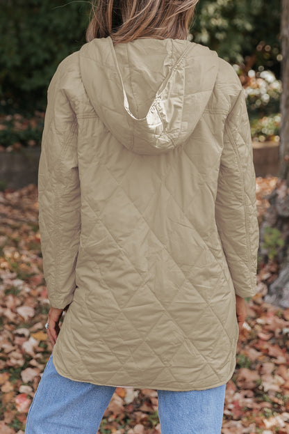 Khaki Quilted Snap Button Hooded Puffer Coat