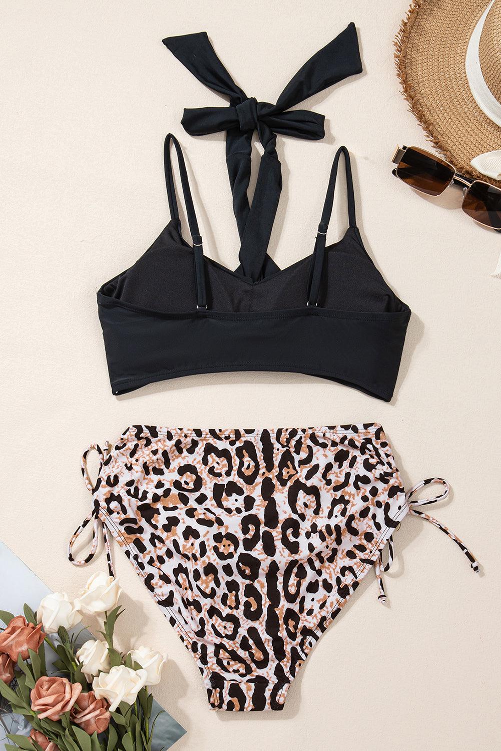 Black Crossed Tie Back Leopard Bikini Swimsuit - L & M Kee, LLC