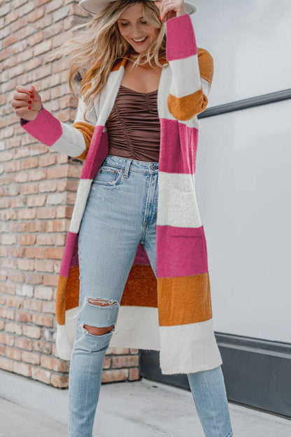 Rose Red Colorblock Open Front Long Knit Cardigan - L & M Kee, LLC