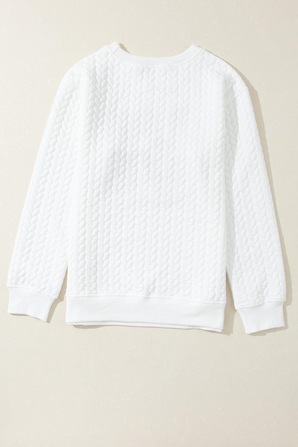 White LUCKY Chenille Embroidered Cable Knit Pullover Sweatshirt - L & M Kee, LLC