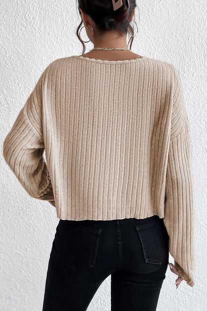 Beige Lettuce Cuffs Drop Shoulder Loose Ribbed Knit Top - L & M Kee, LLC