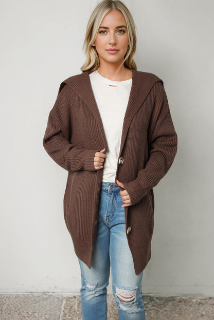 Brown Chunky Knit Lapel Collar Button up Cardigan - L & M Kee, LLC