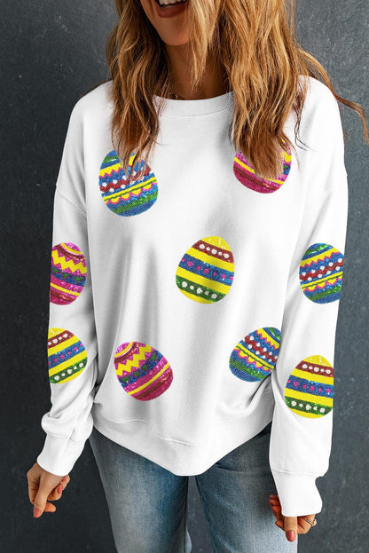 Beige Eater Egg Sequin Patched Crew Neck Sweatshirt - L & M Kee, LLC