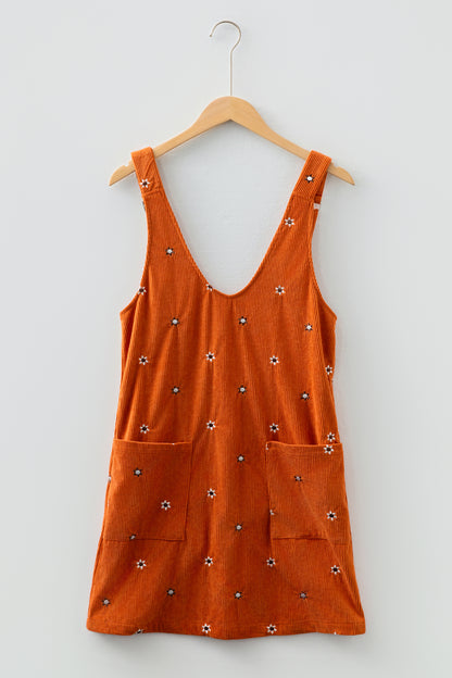 Gold Flame Flower Embroidered Corduroy Overall Mini Dress