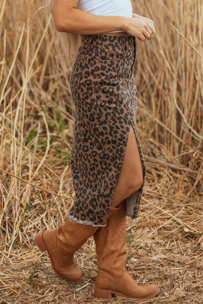 Sky Blue Leopard Denim Frayed Split Denim Midi Skirt