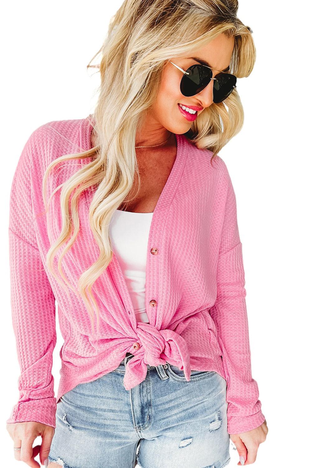 Pink Waffle Knit Dropped Shoulder Cardigan