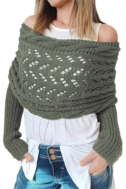 Blackish Green Cross Detail Hollowed Knit Scarf with Sleeves