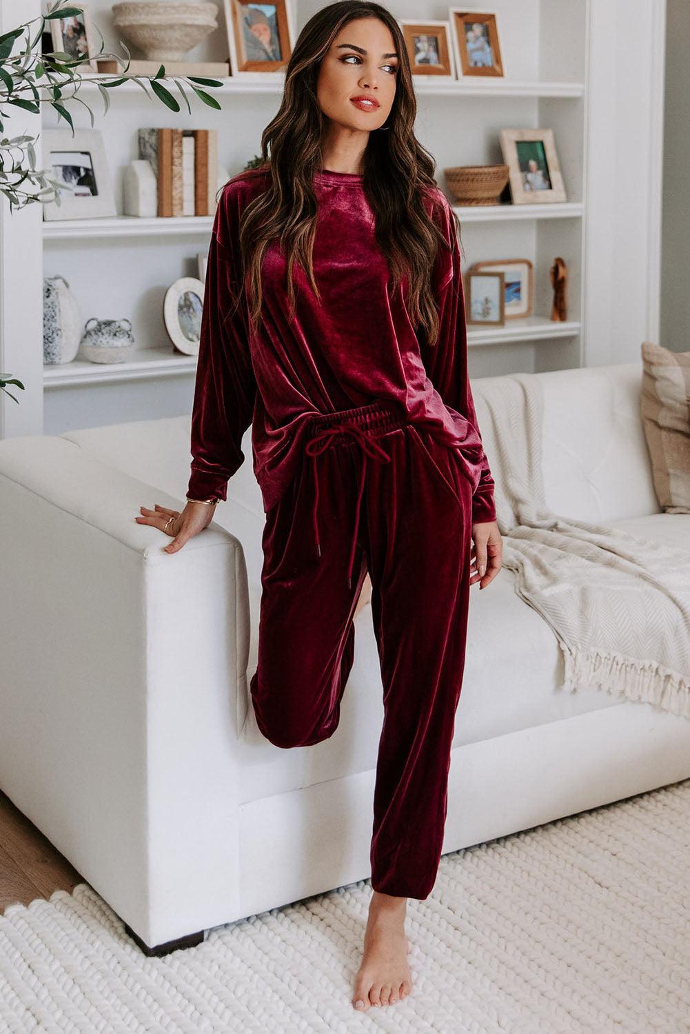 Fiery Red Solid Velvet Two Piece Lounge Set - L & M Kee, LLC