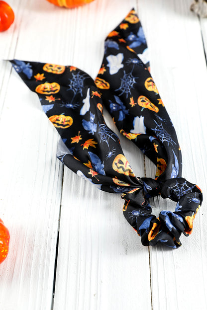 Bristol Black Halloween Pumpkin Face Printed Satin Scrunch Hair Tie