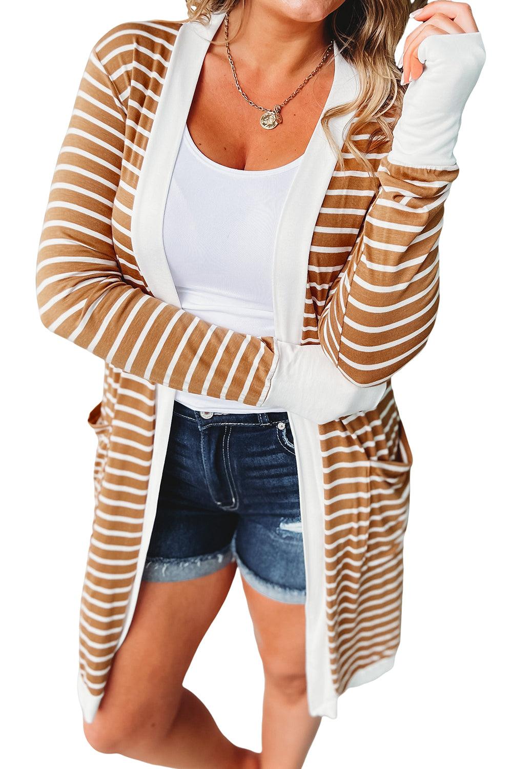 Brown Striped Side Pockets Open Front Cardigan - L & M Kee, LLC