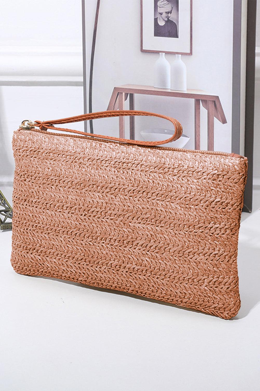 Chestnut Straw Woven Wrist Strap Zipper Large Wallet - L & M Kee, LLC