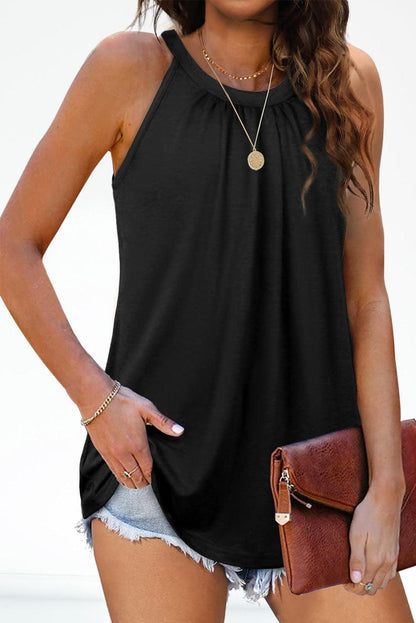 Pleated Round Neck Loose Sleeveless Top - L & M Kee, LLC