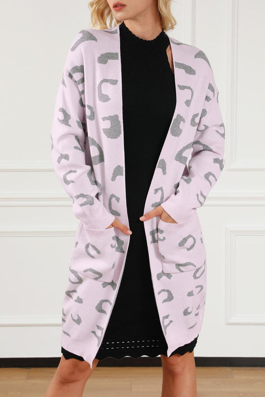 Pink Leopard Pocketed Open Front Long Cardigan - L & M Kee, LLC