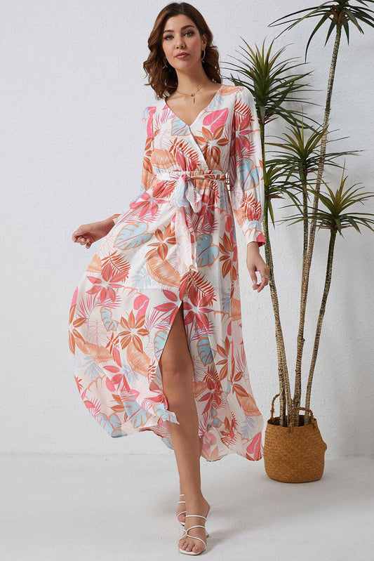 Tropical Plant Print Long Sleeve Wrap V-Neck Slit Maxi Dress - L & M Kee, LLC