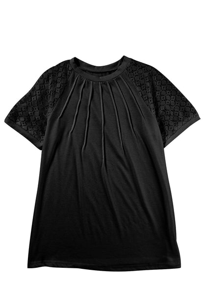 Black Seamed Detail Contrast Lace Raglan Sleeve Tee - L & M Kee, LLC