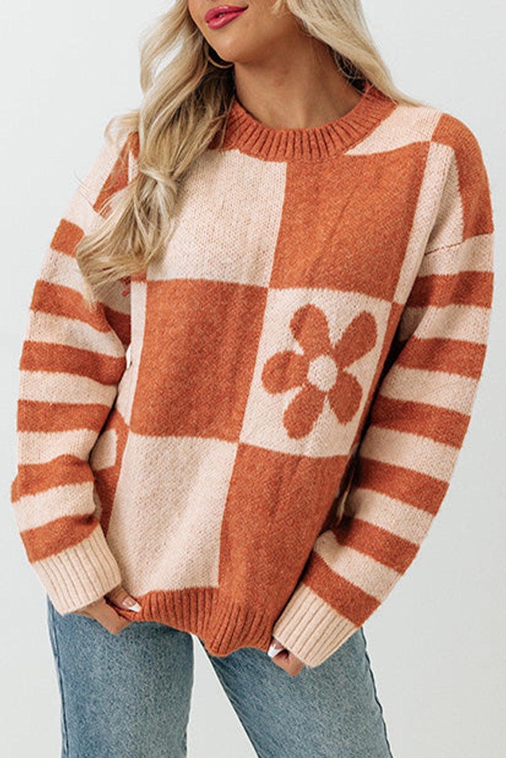 Brown Checkered Floral Print Striped Sleeve Sweater - L & M Kee, LLC