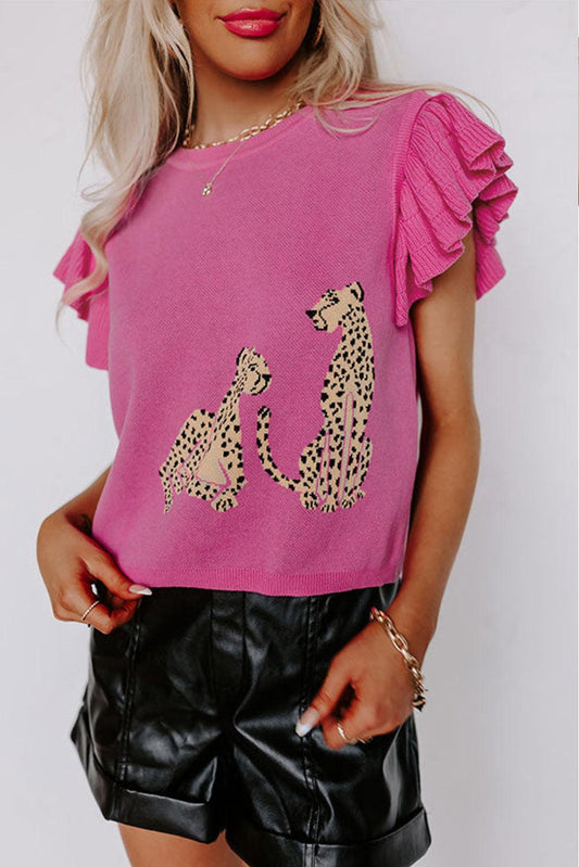 Pink Leopard Ruffled Sleeve Round Neck Knit Sweater - L & M Kee, LLC