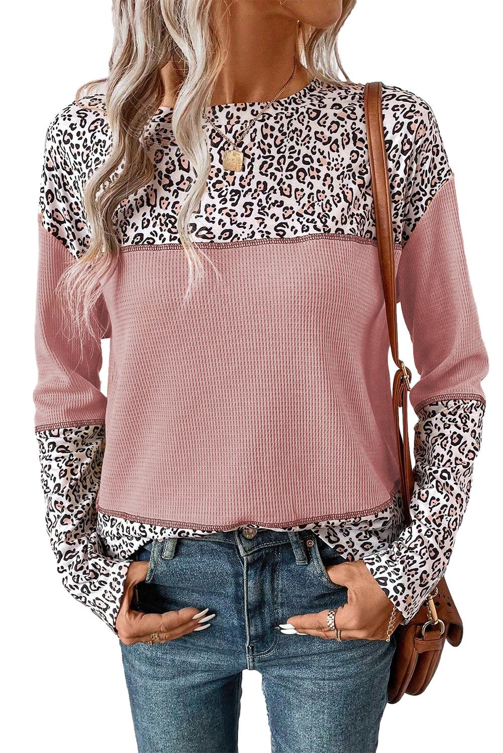 Light Pink Leopard Print Waffle Knit Patchwork Top - L & M Kee, LLC