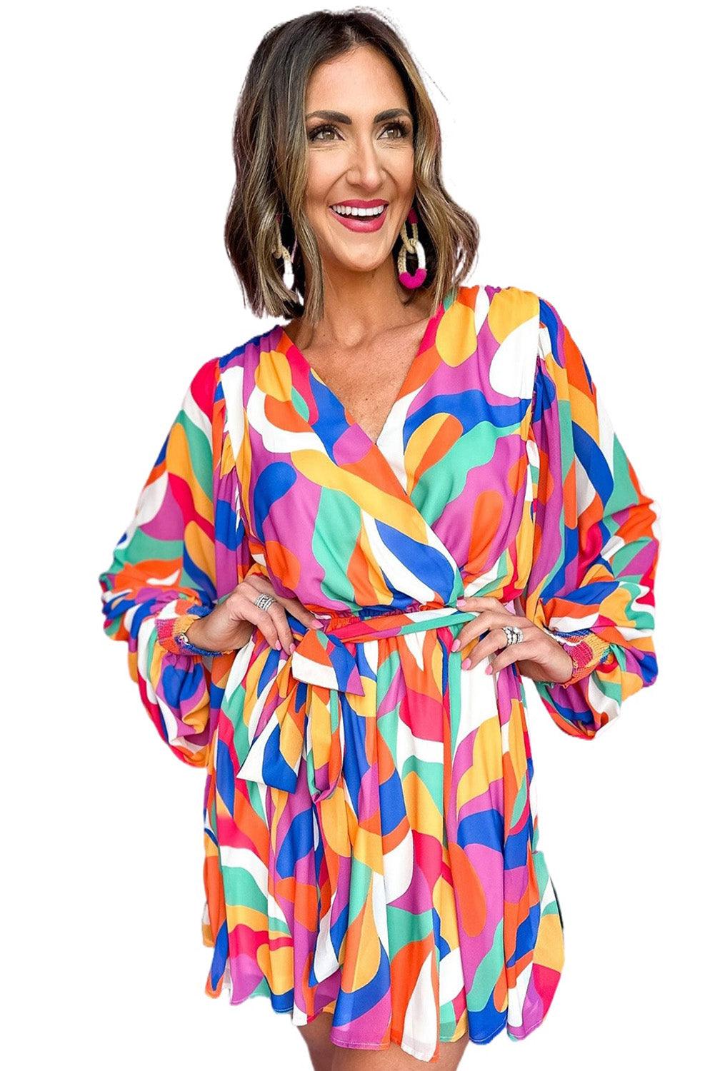 Multicolor Abstract Printed Belted Puff Sleeve Mini Dress - L & M Kee, LLC