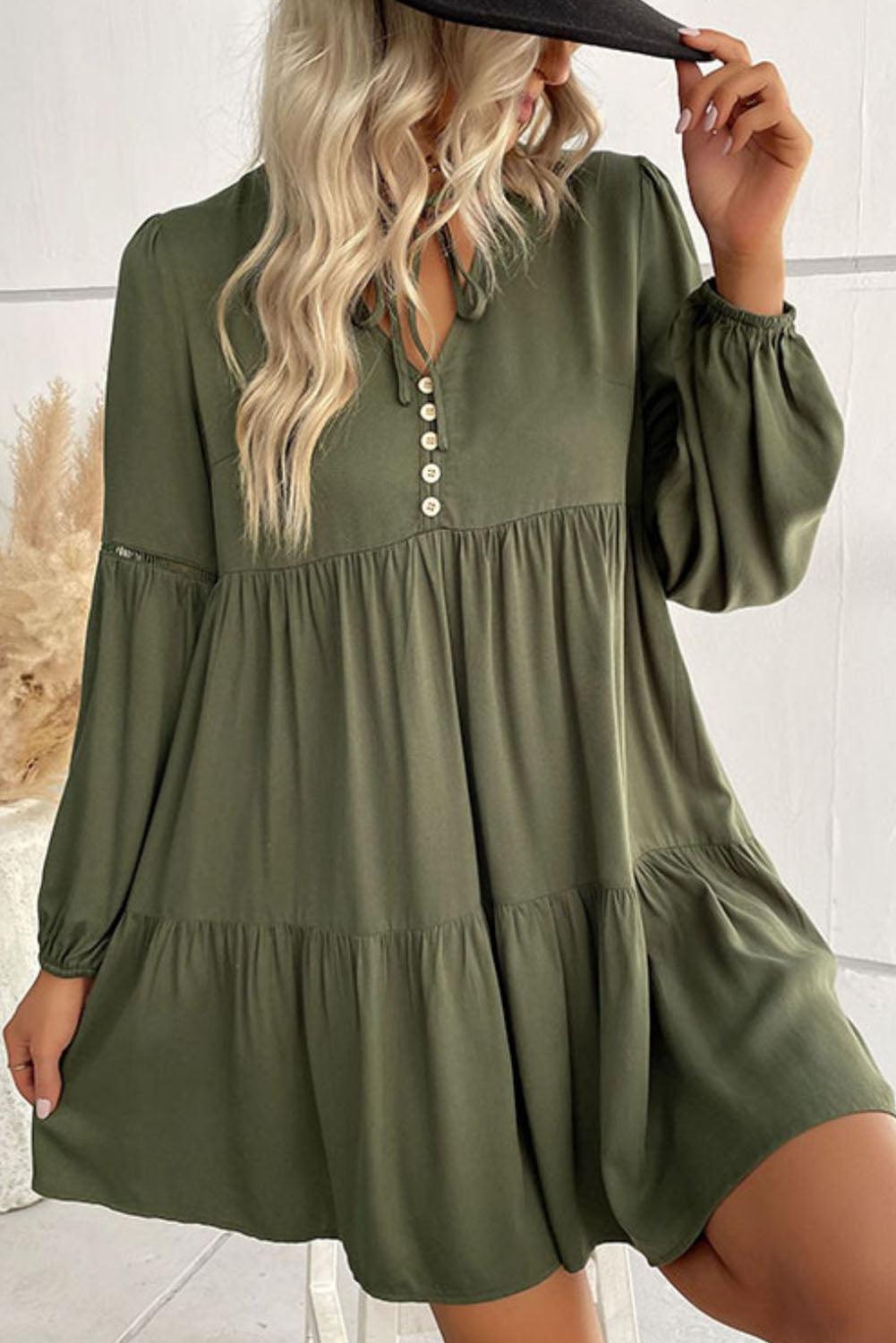 Green Lace Puff Sleeve Buttoned Tiered Ruffled Mini Dress - L & M Kee, LLC