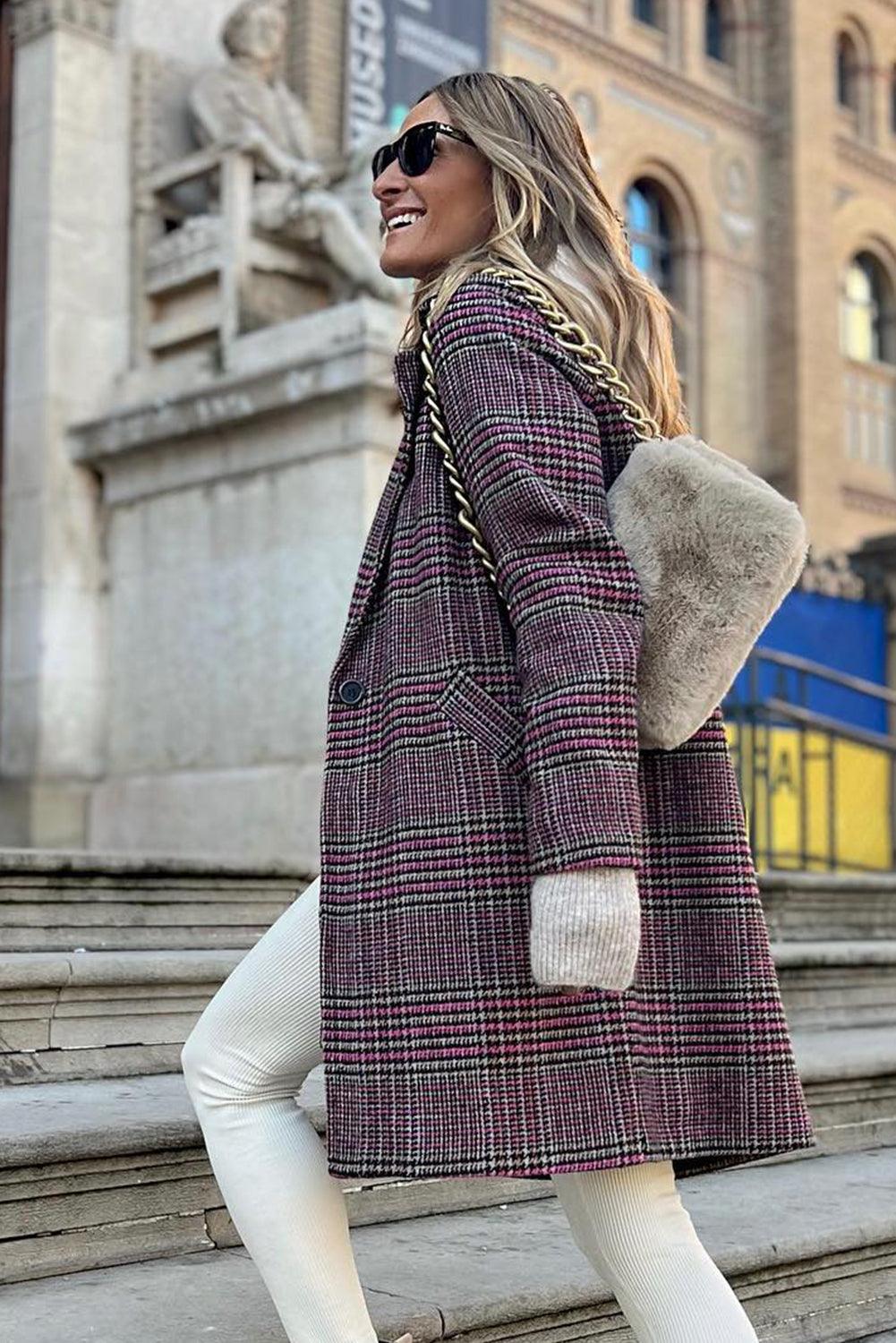 Pink Plaid Lapel Collar One Button Midi Coat - L & M Kee, LLC